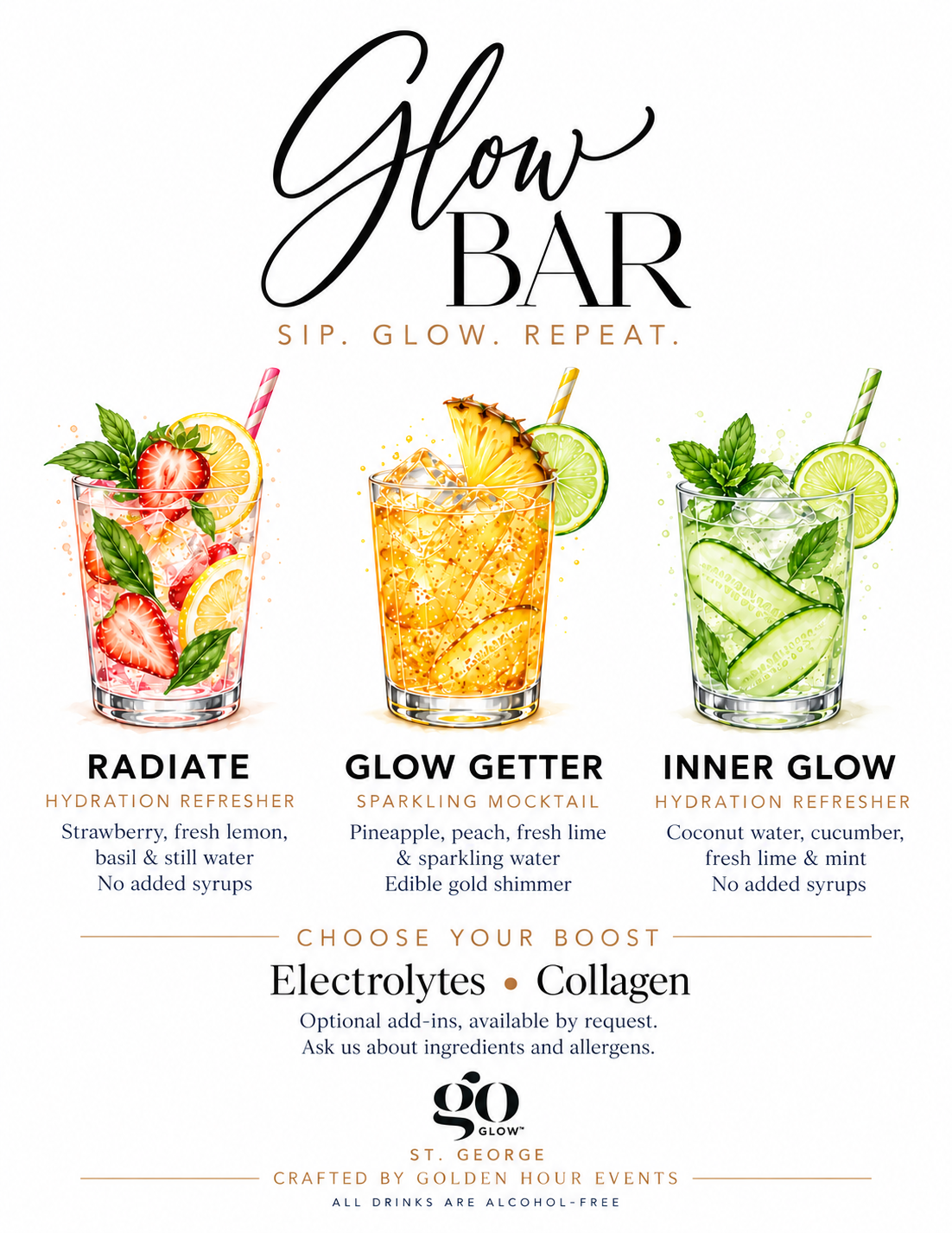 Golden Hour Events Glow Bar menu for goGLOW St. George: Radiate, Glow Getter and Inner Glow, with optional electrolytes or collagen