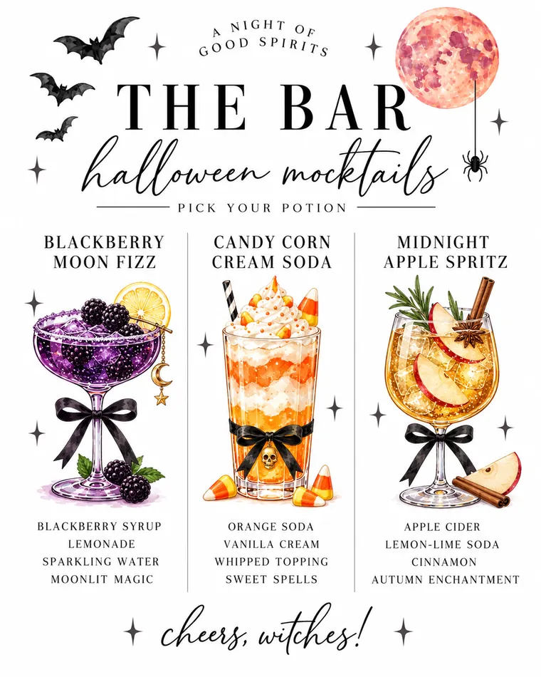 Halloween mocktail menu: Blackberry Moon Fizz, Candy Corn Cream Soda and Midnight Apple Spritz
