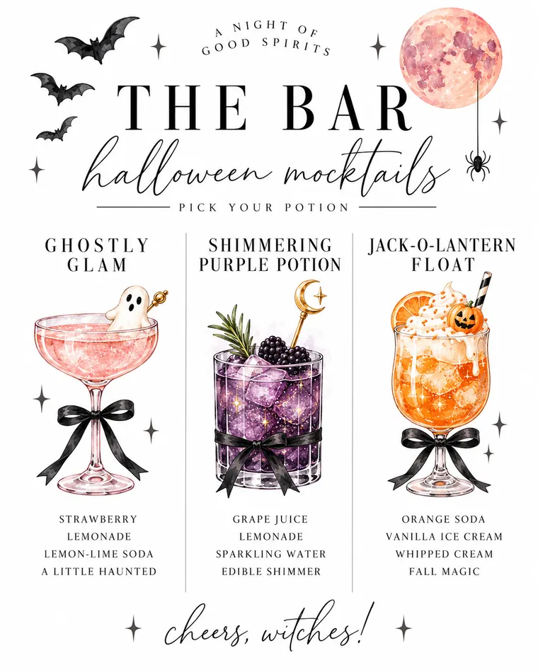 Halloween mocktail menu: Ghostly Glam, Shimmering Purple Potion and Jack o Lantern Float