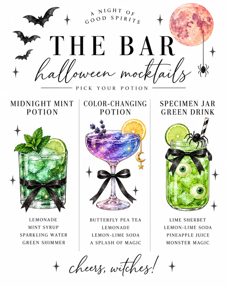 Halloween mocktail menu: Midnight Mint Potion, Color Changing Potion and Specimen Jar Green Drink