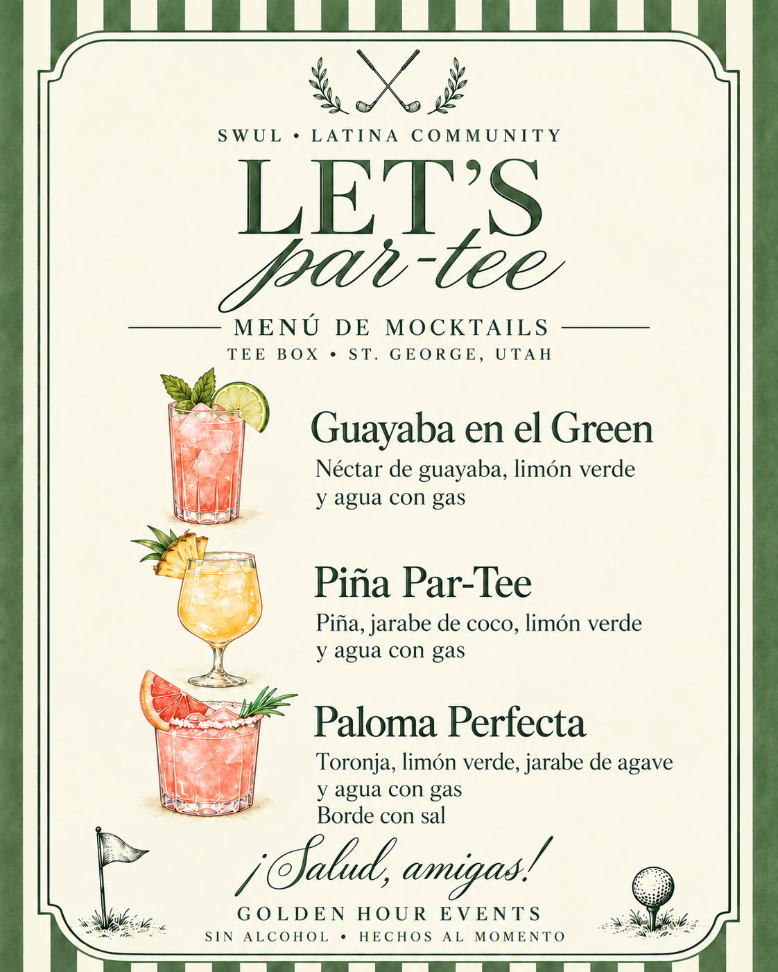 Golden Hour Events Let’s Par-Tee mocktail menu for SWUL Latina Community at Tee Box: Guayaba en el Green, Piña Par-Tee and Paloma Perfecta
