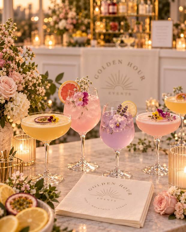 Four signature mocktails with edible flowers and citrus garnish on a marble bar