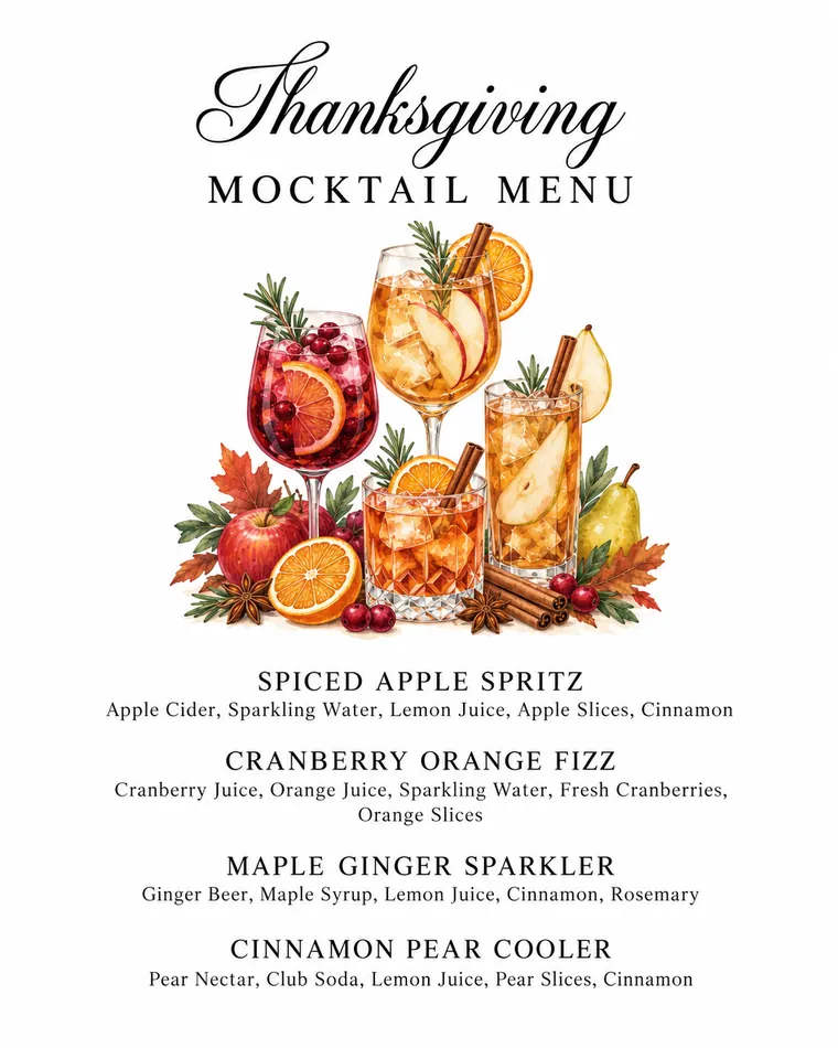 Thanksgiving mocktail menu: Spiced Apple Spritz, Cranberry Orange Fizz, Maple Ginger Sparkler and Cinnamon Pear Cooler