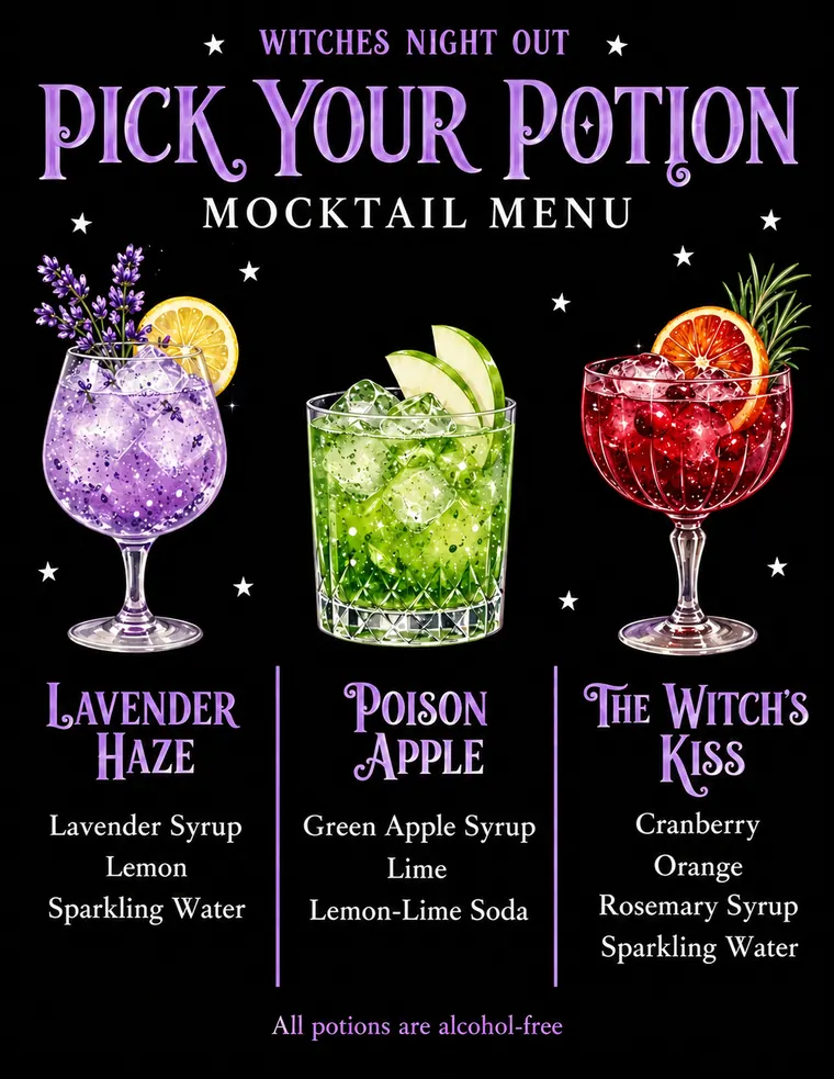Witches Night Out mocktail menu: Lavender Haze, Poison Apple and The Witch's Kiss