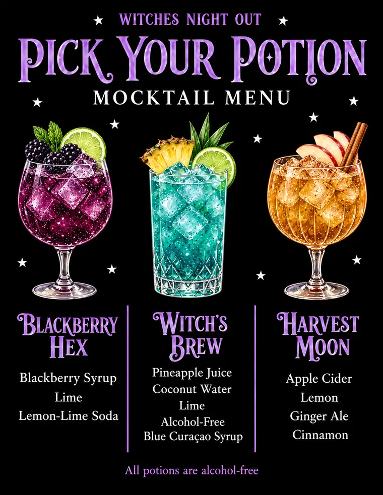 Witches Night Out mocktail menu: Blackberry Hex, Witch's Brew and Harvest Moon