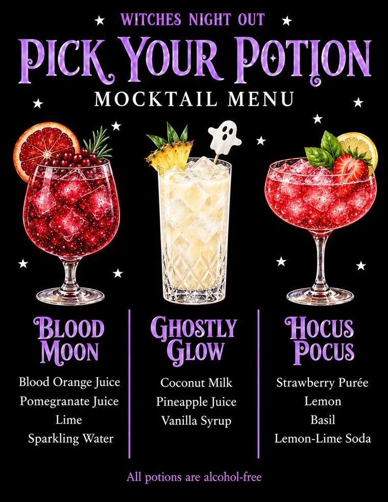 Witches Night Out mocktail menu: Blood Moon, Ghostly Glow and Hocus Pocus