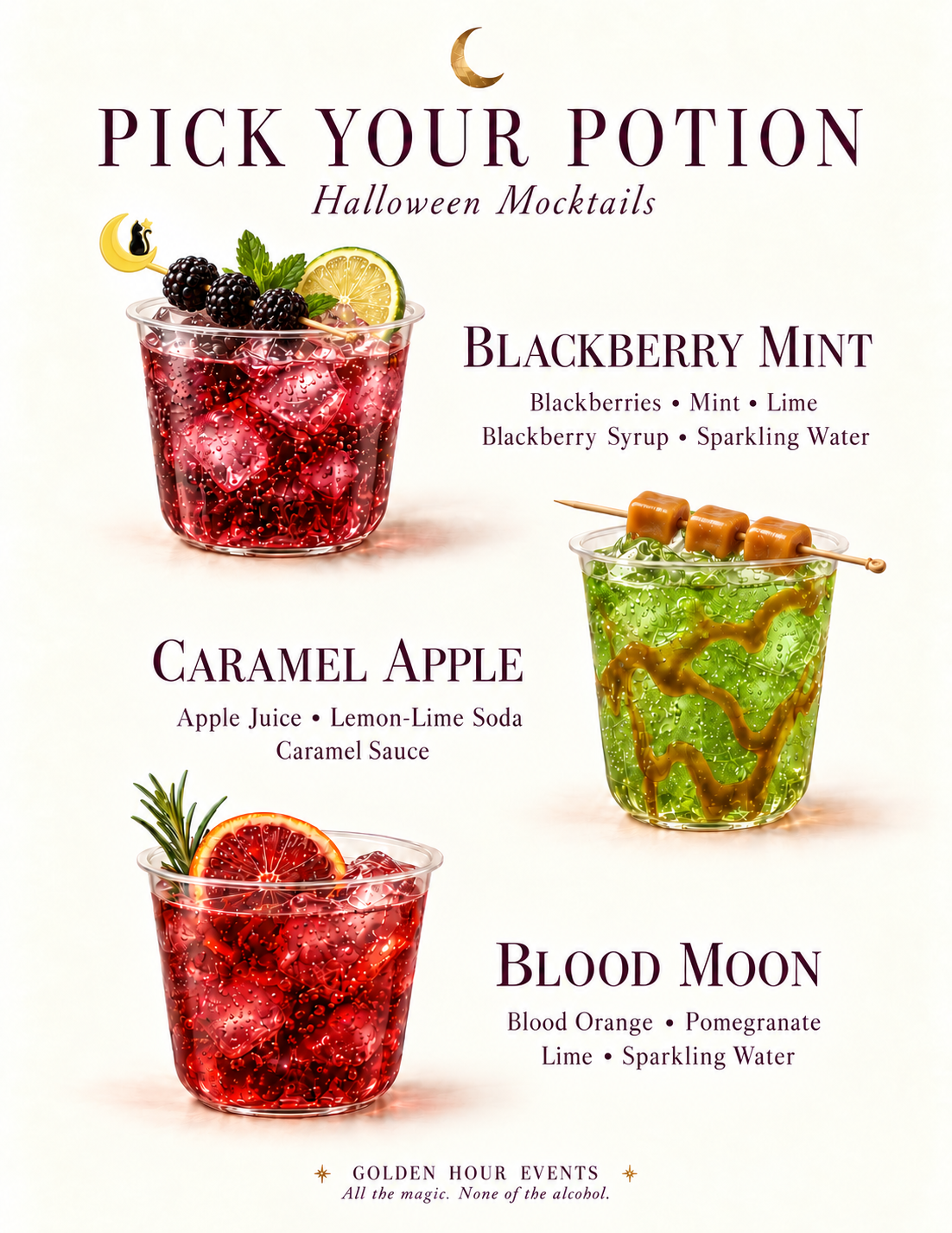 Golden Hour Events Pick Your Potion Halloween mocktail menu featuring Blackberry Mint, Caramel Apple and Blood Moon